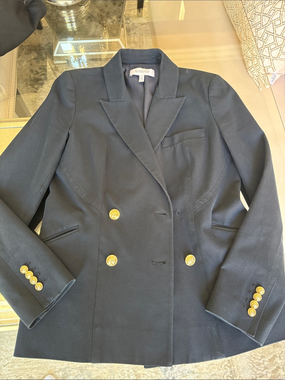 10 Crosby Derek Lam Navy Double-Breasted Blazer with Gold Buttons